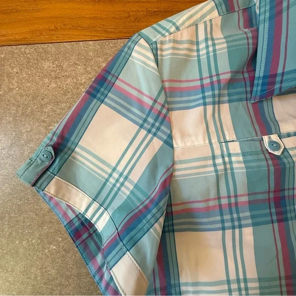 KUHL Women’s Plaid Button Up Short Sleeve Hiking Shirt Blue White Purple Medium - Picture 7 of 12